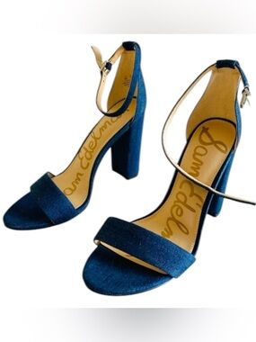 Sam Edelman Yaro Shoes 8 Navy Blue Denim Ankle Strap Block Heels Open Toes NWOT